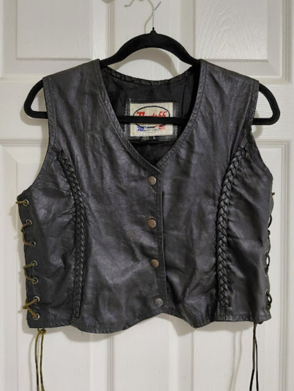 VTG Route 66 Black Leather Vest Braided Lace Up Women's Large Motorcycle Biker